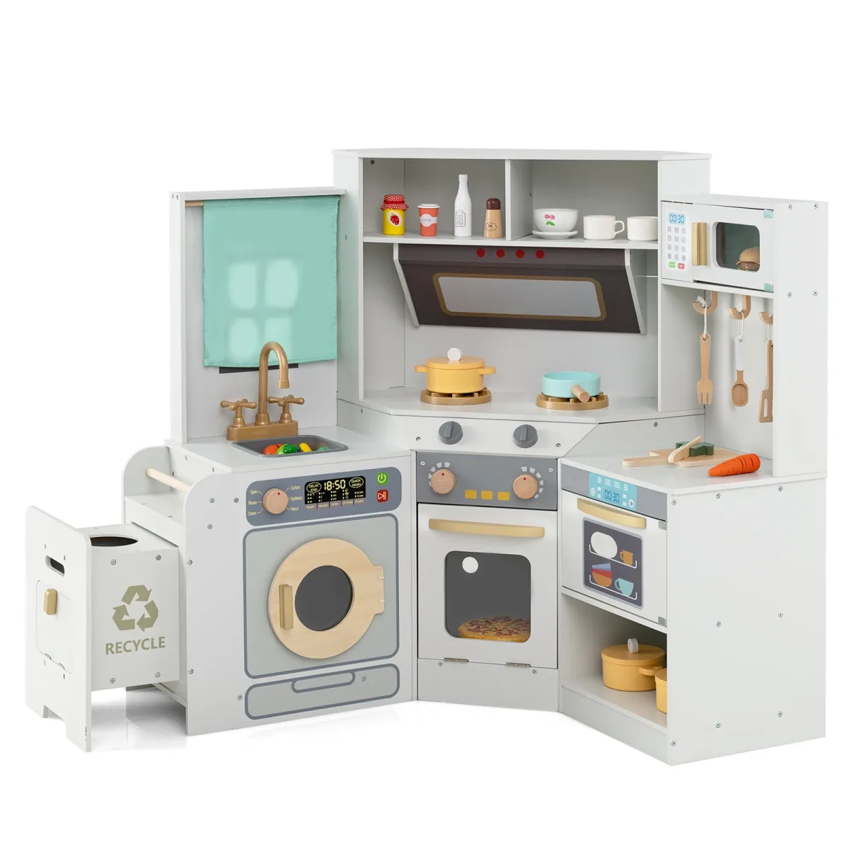 Cuisine d'angle en bois pour enfant, gris et rose