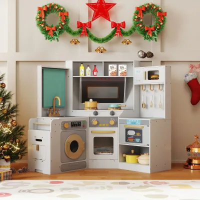 Cuisine d'angle en bois pour enfant, gris et rose – image 2