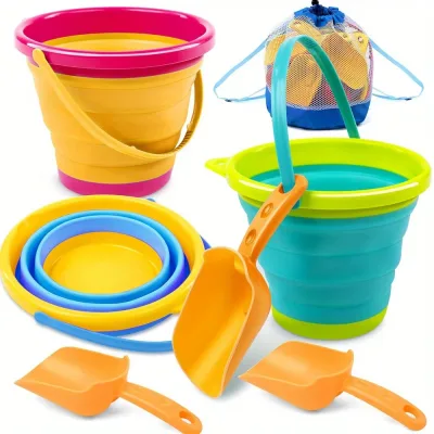 Lot de 3 seaux pliables avec pelles et sac